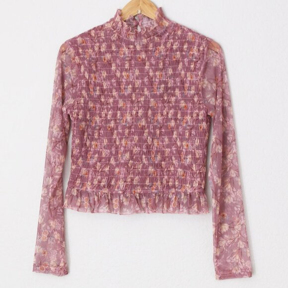 NEW Lulu's Sophisticated Blossom Mauve Pink Floral Mesh Smocked Mock Neck Top XL - Picture 3 of 15